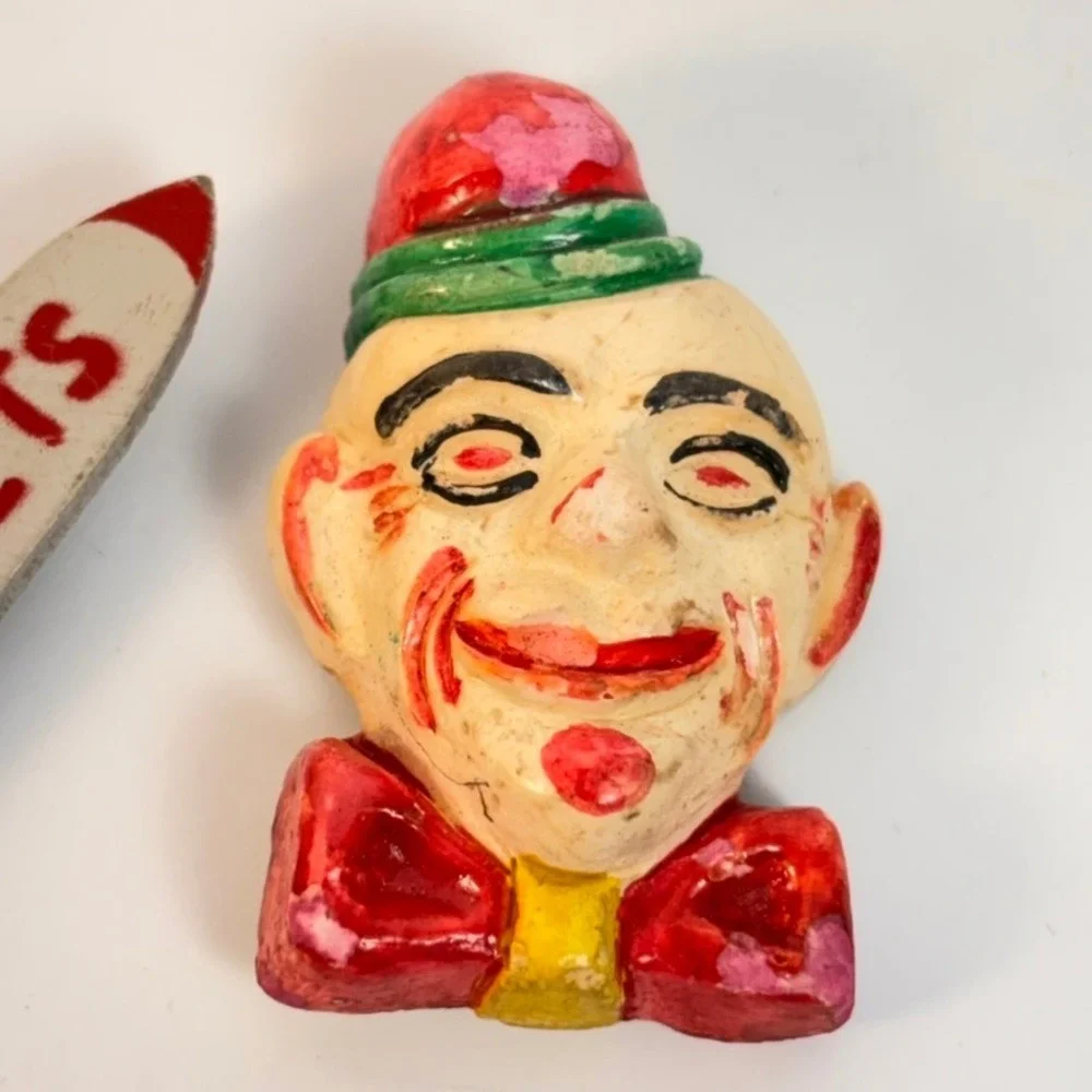 Vintage Pins Clown and Rocket Multicolor Weird Folk Art Kitsch 1950s Style Boho